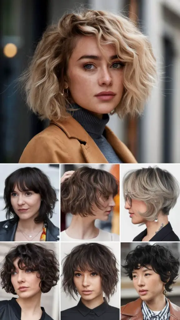Curly shag hairstyle on short hair featuring layered curls for a voluminous, textured look. The image highlights loose, relaxed curls styled with a curling iron and enhanced with a texturizing spray for added depth and movement. Perfect for those seeking a casual, effortless style with defined yet soft curls.