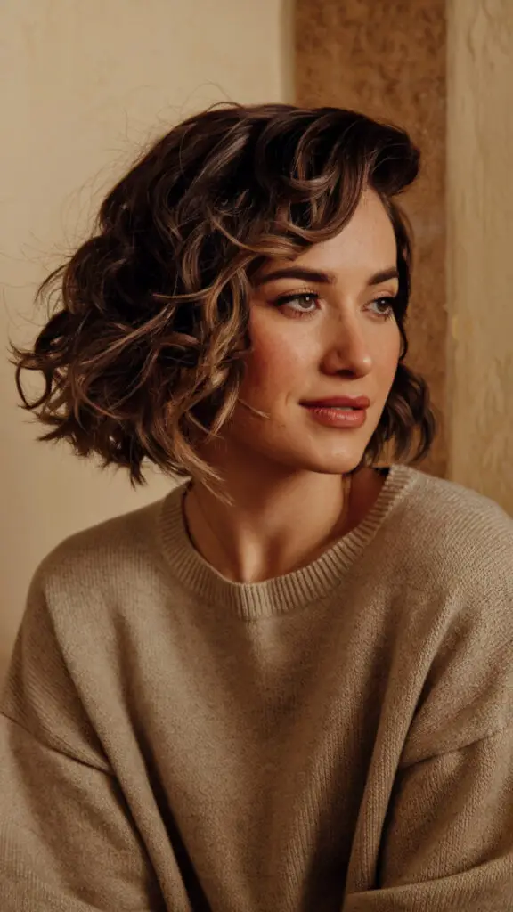 Curly side part hairstyle for short hair, featuring defined soft curls and a deep side part for added volume and elegance. Perfect for achieving a chic and sophisticated look, this styling idea is ideal for any occasion, showcasing modern and timeless beauty with short curly hair.