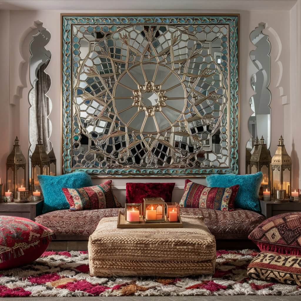 13 Stunning Moroccan Décor Pieces to Elevate Your Living Room 5 Stunning Moroccan living room featuring an intricately designed decorative mirror with ornate geometric patterns, enhancing the cultural charm. The mirror is elegantly paired with vibrant textiles, handcrafted furniture, and a warm color palette, creating an inviting and authentic Moroccan-inspired space. Perfect inspiration for Moroccan living room ideas that blend traditional artistry with modern elegance.