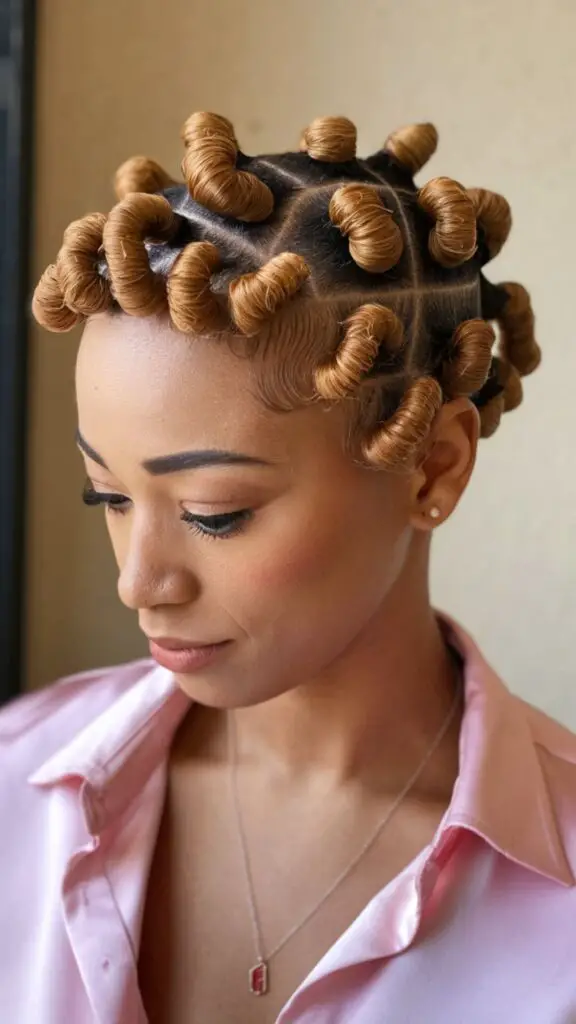 Defined ringlets styled on short hair with a flawless, glossy finish. The look features perfectly formed curls achieved with a curling iron and enhanced with curl-defining products for long-lasting hold and volume. Ideal for casual outings or elegant events, this hairstyle adds texture and dimension while showcasing the beauty of natural curls.