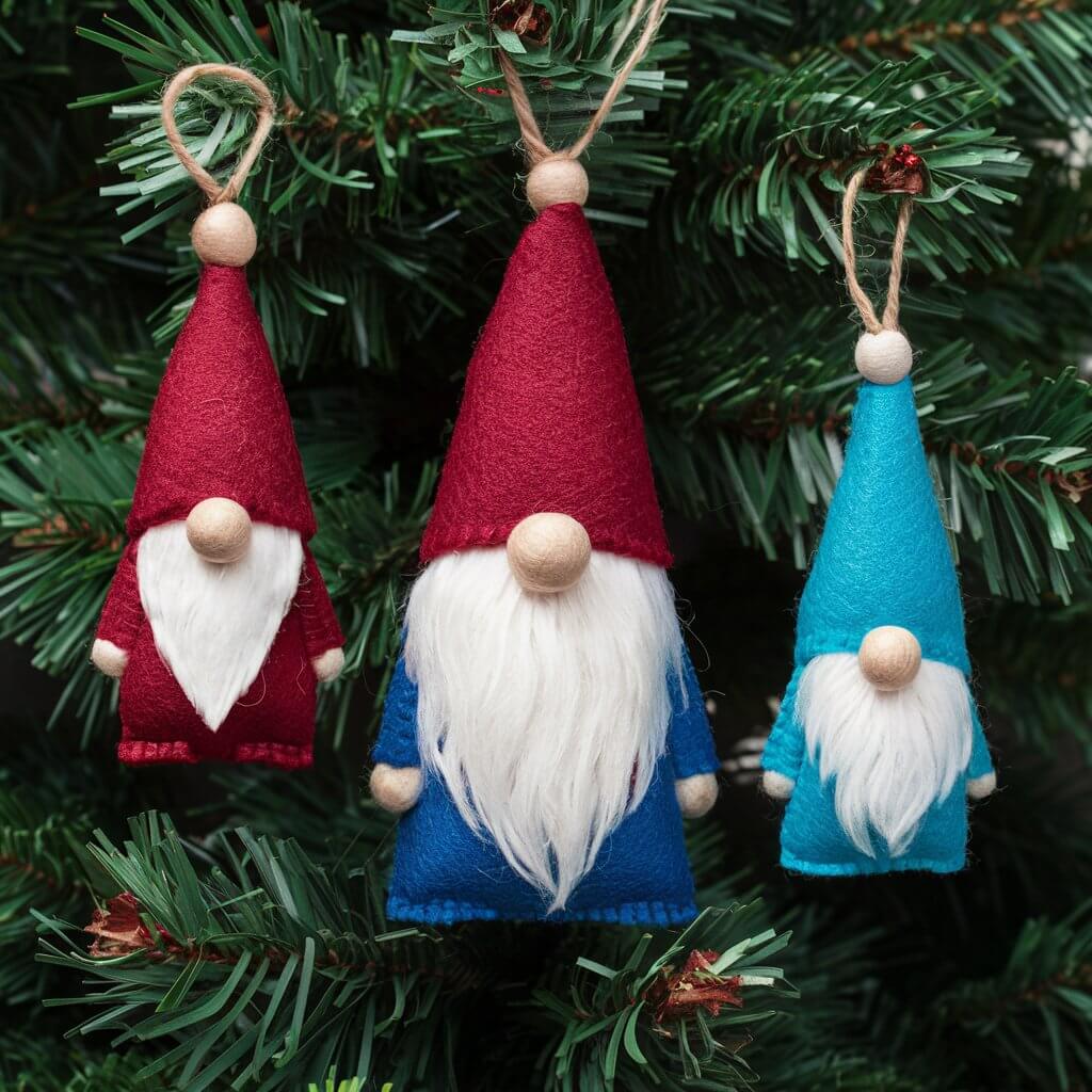 Handcrafted felt gnome ornaments hanging on a Christmas tree, featuring vibrant red and green hats with intricate stitching and charming details, perfect for festive holiday decor and DIY Christmas house ornament ideas.