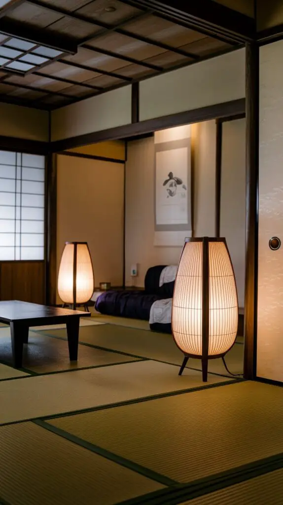 Elegant floor lamps in a Japanese-style living room, designed with minimalist aesthetics and natural materials like wood and bamboo. These floor lamps provide soft, ambient lighting, enhancing the serene, uncluttered atmosphere of the space. Perfectly placed near seating areas or corners, they create cozy, inviting spots for relaxation and conversation. The clean, simple designs of the lamps complement the calming vibe of the room, making them a stylish and functional addition to your Japanese-inspired living room decor.