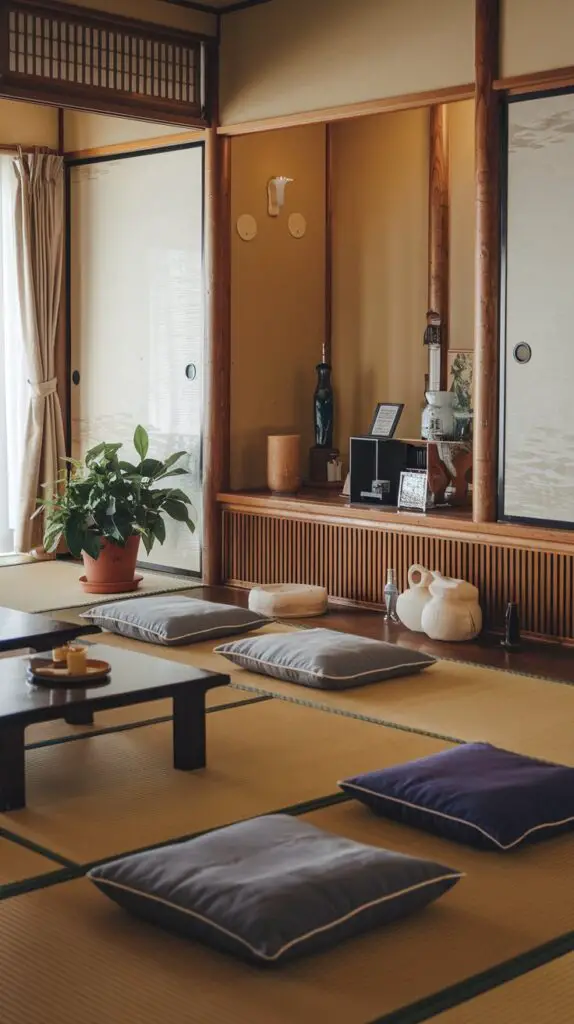 Cozy Japanese-style living room featuring floor seating with plush cushions and a sleek low table, creating a warm and inviting atmosphere. Perfect for small spaces, this design embraces traditional Japanese aesthetics while offering a modern twist. Ideal for anyone seeking Japanese style living room ideas that balance comfort and elegance.