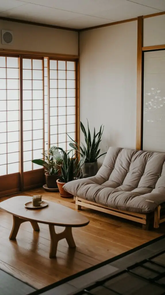Japanese Style Living Room Ideas featuring a Futon Sofa – Enhance your minimalist decor with a versatile futon sofa. Perfect for small spaces, it effortlessly transforms from a sofa to a bed, blending simplicity with functionality. The sleek design of a futon adds a touch of Japanese style, creating a clean, uncluttered look. Budget-friendly and long-lasting, futons are ideal for anyone looking to update their living room without overspending. Experience the perfect mix of comfort, style, and practicality with a futon sofa in your Japanese-inspired living room.