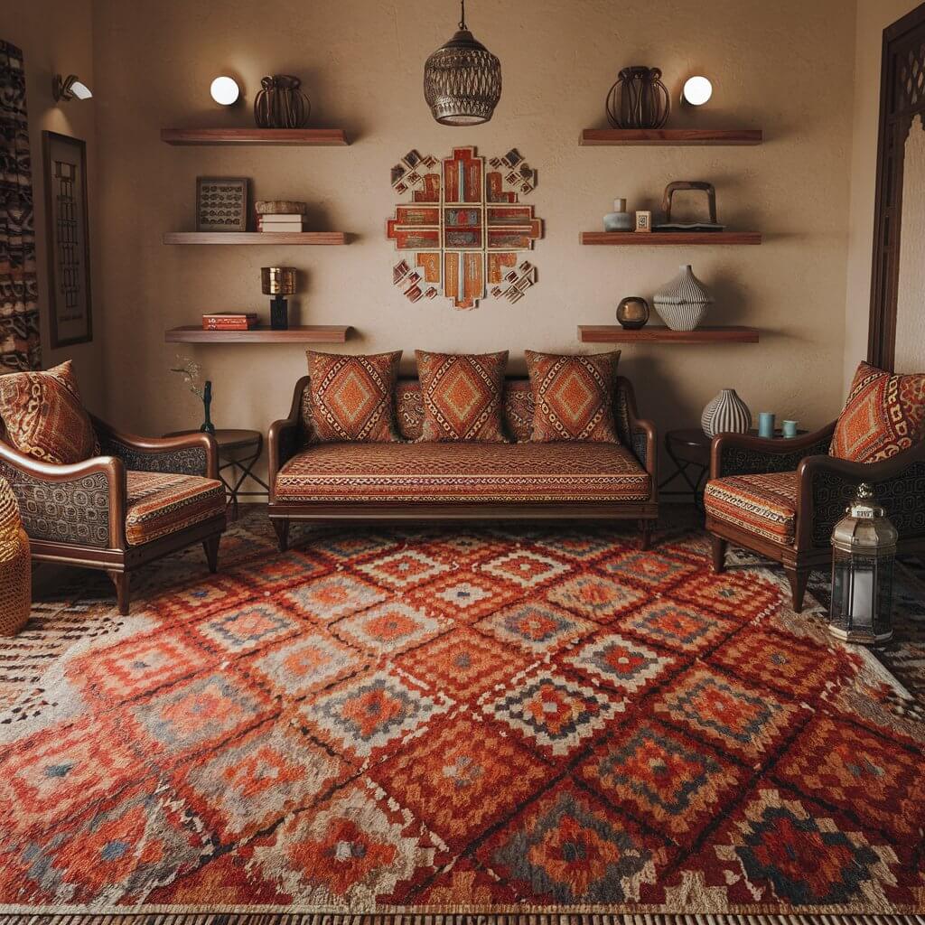 13 Stunning Moroccan Décor Pieces to Elevate Your Living Room 9 Stunning Moroccan living room featuring intricate geometric patterns on rugs, cushions, and wall décor. Vibrant colors and traditional Moroccan craftsmanship create a warm and inviting ambiance, perfect for modern and culturally-inspired interiors. Ideal for anyone seeking Moroccan living room ideas with a focus on bold geometric designs and timeless elegance.