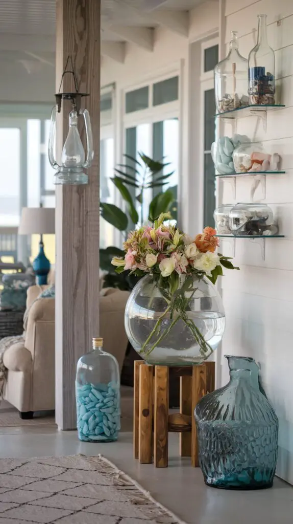 13 Coastal Home Décor Ideas to Make Your Home a Beachfront Paradise 8 Elegant glass decor ideas for coastal homes, featuring translucent vases, lanterns, and bottles that reflect natural light to create a breezy, ocean-inspired atmosphere. Perfect for adding elegance and a sea glass charm to coastal-themed interiors.