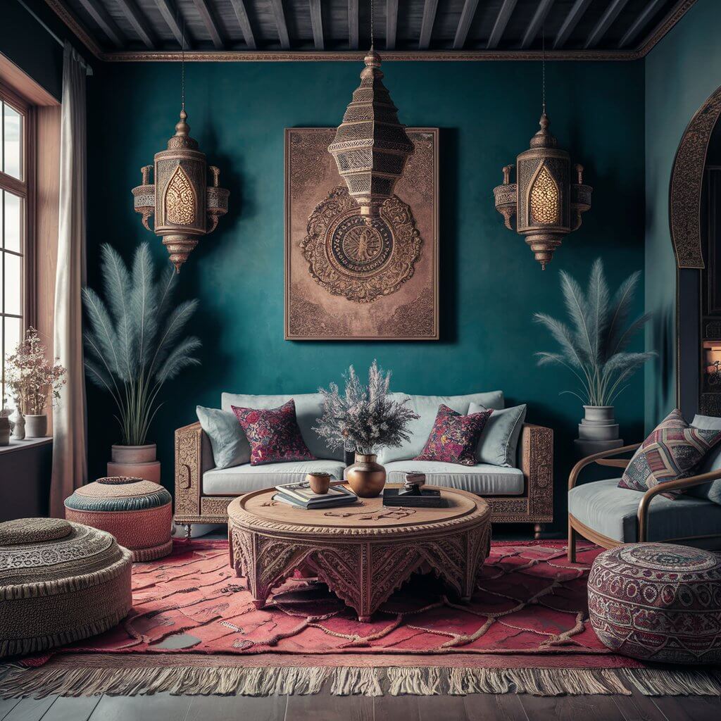 13 Stunning Moroccan Décor Pieces to Elevate Your Living Room 4 Elegant Moroccan living room featuring handcrafted furniture, including intricately carved wooden tables, vibrant mosaic-tiled accents, and luxurious upholstery in rich jewel tones. Perfect inspiration for creating a cozy and exotic living space with authentic Moroccan décor elements.
