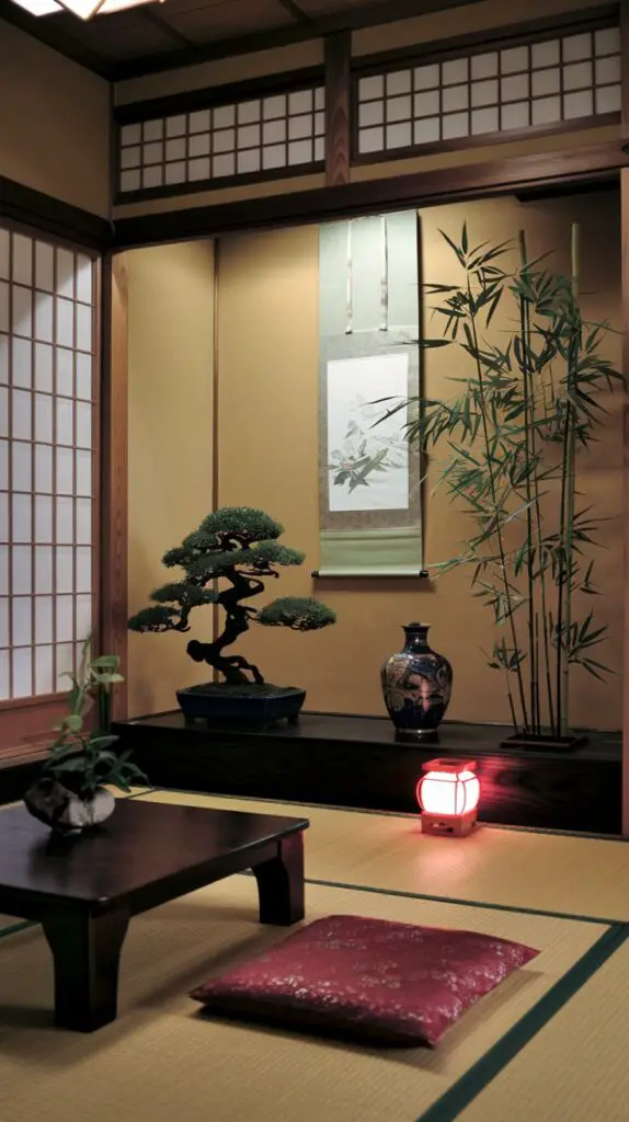 Japanese-style living room with indoor plants, featuring a serene arrangement of bonsai and bamboo. These lush, green accents bring a touch of nature to the space, promoting tranquility and aligning with minimalist Japanese decor principles. Perfect for creating a calming atmosphere with low-maintenance, aesthetic greenery.