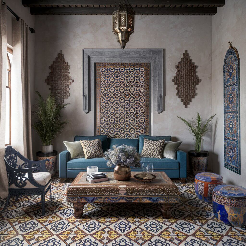 13 Stunning Moroccan Décor Pieces to Elevate Your Living Room 1 Intricate Moroccan tiles in a vibrant living room setting, showcasing traditional Moroccan decor ideas with bold patterns, rich textures, and authentic craftsmanship. Perfect for those seeking inspiration for Moroccan living room ideas and unique tile designs to elevate interior aesthetics.