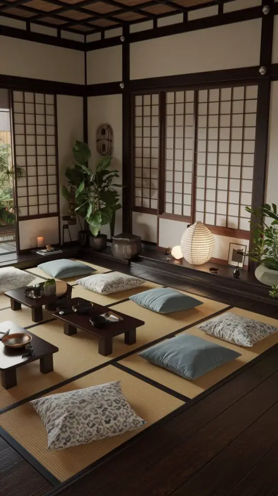 Japanese style living room featuring low furniture, including floor cushions, a low wooden table, and minimalist low sofas. This cozy and spacious design embraces Japanese aesthetics, creating a serene and functional space perfect for small living rooms. The setup highlights minimalist principles, encouraging relaxation and a clutter-free environment.