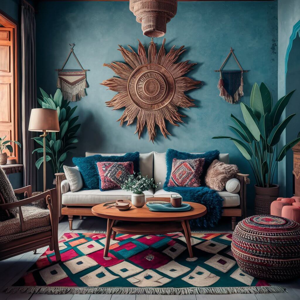 13 Stunning Moroccan Décor Pieces to Elevate Your Living Room 2 Luxurious textiles in a Moroccan living room design featuring vibrant patterns, rich textures, and warm earthy tones. This elegant setup showcases traditional Moroccan rugs, plush throw pillows, and intricately embroidered fabrics, perfect for creating an exotic and inviting ambiance. Explore more Moroccan living room ideas with luxurious decor elements to elevate your home.