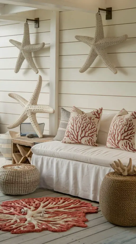13 Coastal Home Décor Ideas to Make Your Home a Beachfront Paradise 12 Coastal Home Décor Ideas featuring Marine Life Decor, such as fish, starfish, and coral accents. These playful yet elegant marine-themed pieces bring vibrant color, texture, and a relaxing ocean-inspired atmosphere to your space. Incorporating coral-patterned throw pillows and wall art can enhance your coastal vibe, creating a lively and inviting ambiance. Decor items like shells, sea creatures, and underwater plants not only showcase marine life but also serve as unique conversation starters, making your home feel connected to the sea while adding charm and personality to any room.