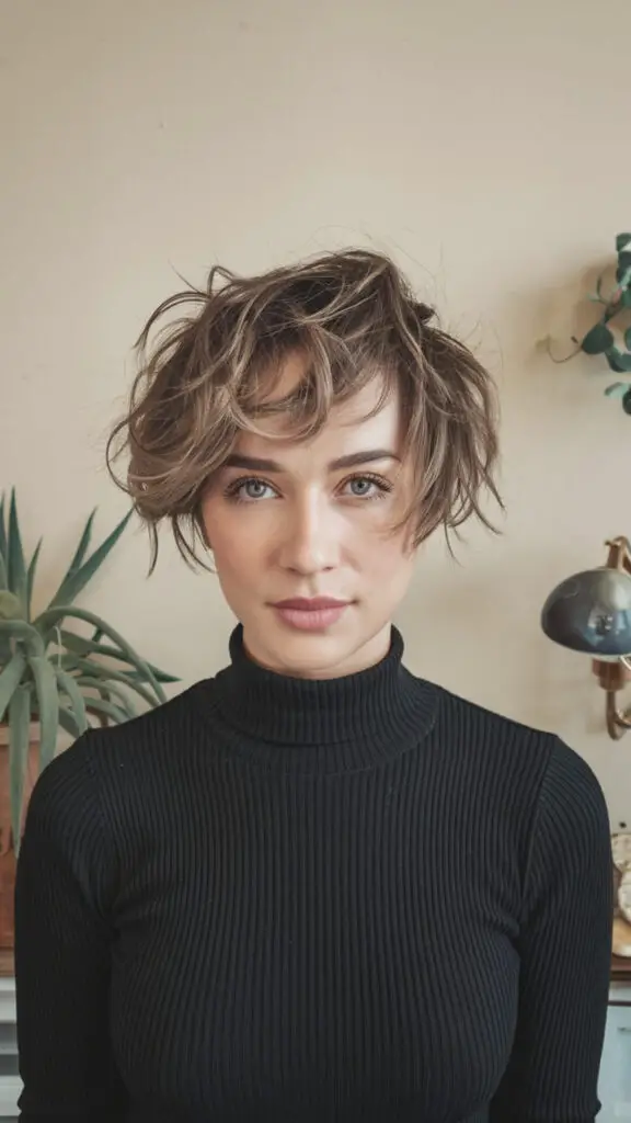 Messy curls for short hair styled to perfection, showcasing a fun, carefree vibe. Loose curls are created using a curling iron, enhanced with finger tousling for added texture. Achieve natural waves with overnight braiding or a heat-free tousled look using sea salt spray for a voluminous, beachy finish. Perfect short hairstyle inspiration for a chic, effortless appearance.
