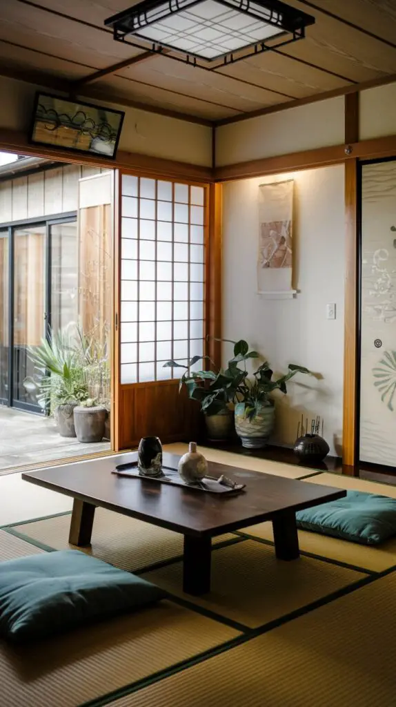 Minimal decor Japanese style living room featuring natural wood furniture, low-profile tables, and neutral-toned floor cushions. This serene space showcases clean lines, bamboo accents, and a single green plant for a touch of nature, embodying simplicity and functionality. Perfect inspiration for creating a calming living room with traditional Japanese elements.