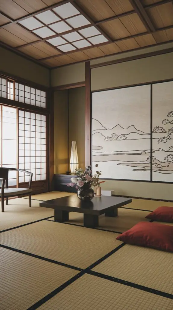 Minimalist art for Japanese style living room: Simple line drawings and abstract pieces enhance the serene atmosphere while maintaining a clutter-free environment. Neutral colors and simple shapes create a clean, harmonious look, supporting the tranquil vibe. Incorporating natural elements like waves, mountains, or trees in artwork reflects nature and complements the peaceful design of a Japanese style living room.