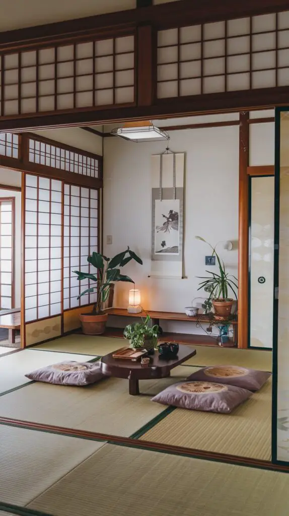 Bright and airy Japanese style living room featuring natural light, light-colored sheer curtains, and strategically placed mirrors to enhance sunlight. The open space feels larger and more inviting, with clear windows that let in ample daylight, creating a fresh, elegant atmosphere. This design tip aligns perfectly with Japanese living room ideas, maximizing natural light and making the room feel serene and spacious.