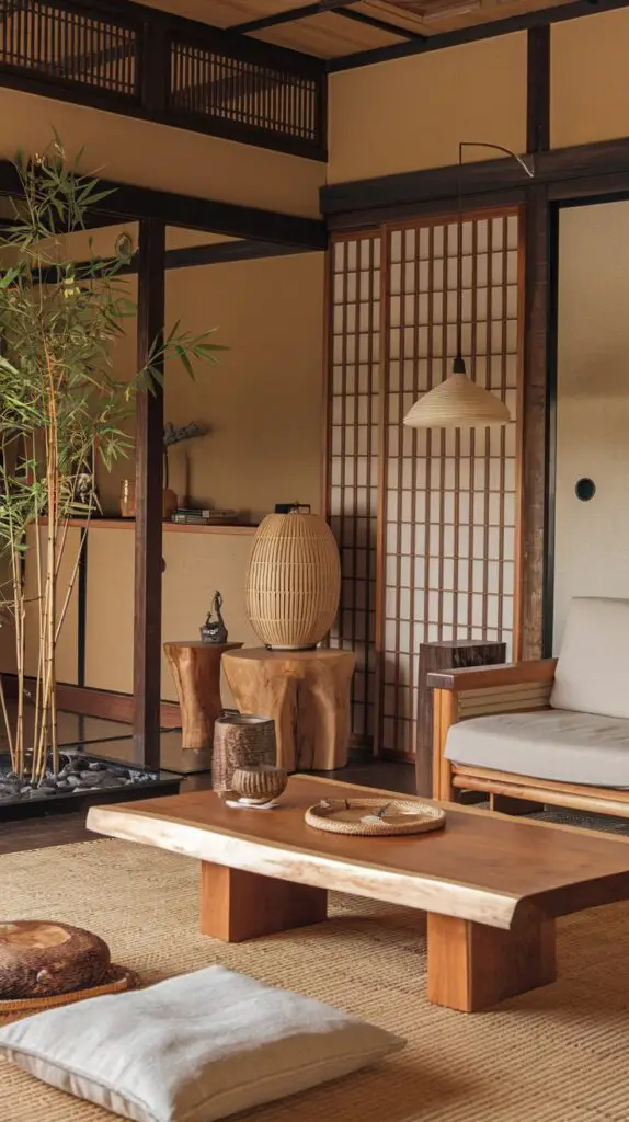 Japanese style living room featuring natural materials like wood and bamboo, creating a warm and inviting atmosphere. Wooden furniture and bamboo decorations add a timeless, eco-friendly touch while bringing nature indoors. Perfect for a relaxing, sustainable living room design inspired by Japanese aesthetics.