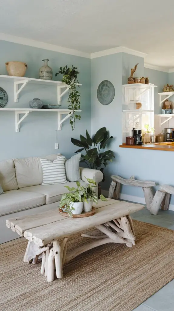 13 Coastal Home Décor Ideas to Make Your Home a Beachfront Paradise 4 Coastal home décor featuring natural materials like driftwood, wicker, and jute, creating a calming and organic beach-inspired atmosphere. Highlighted in this design are textured wicker baskets, versatile jute rugs, and repurposed driftwood furniture, showcasing the raw beauty and practicality of coastal living. Perfect for enhancing your home's relaxed and serene vibe.