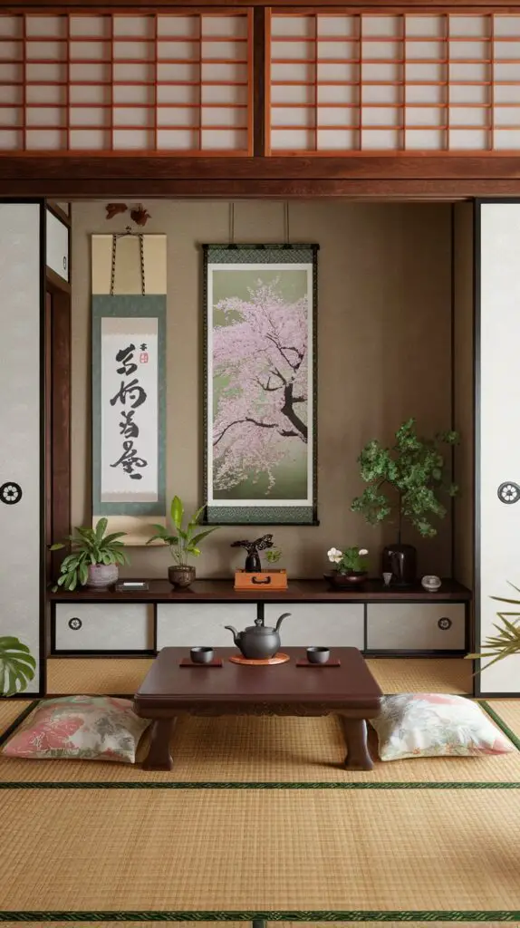 Nature-inspired art in a Japanese-style living room featuring serene bamboo prints, delicate cherry blossom paintings, and calming landscape artwork. These nature-themed pieces complement traditional decor elements like tatami mats and shoji screens, creating a tranquil, harmonious space inspired by the beauty of the seasons. Perfect for infusing your home with a calming, nature-centric ambiance.