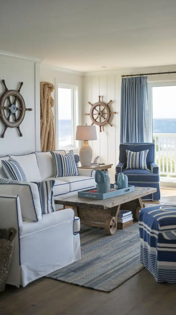 13 Coastal Home Décor Ideas to Make Your Home a Beachfront Paradise 1 Nautical accents for coastal home décor ideas featuring anchors, ship wheels, and rope elements. Transform your space into a beachside retreat with shades of blue, white, and sandy tones, creating a cohesive and calming seaside vibe. Perfect for adding a fresh and inviting coastal touch to any room.