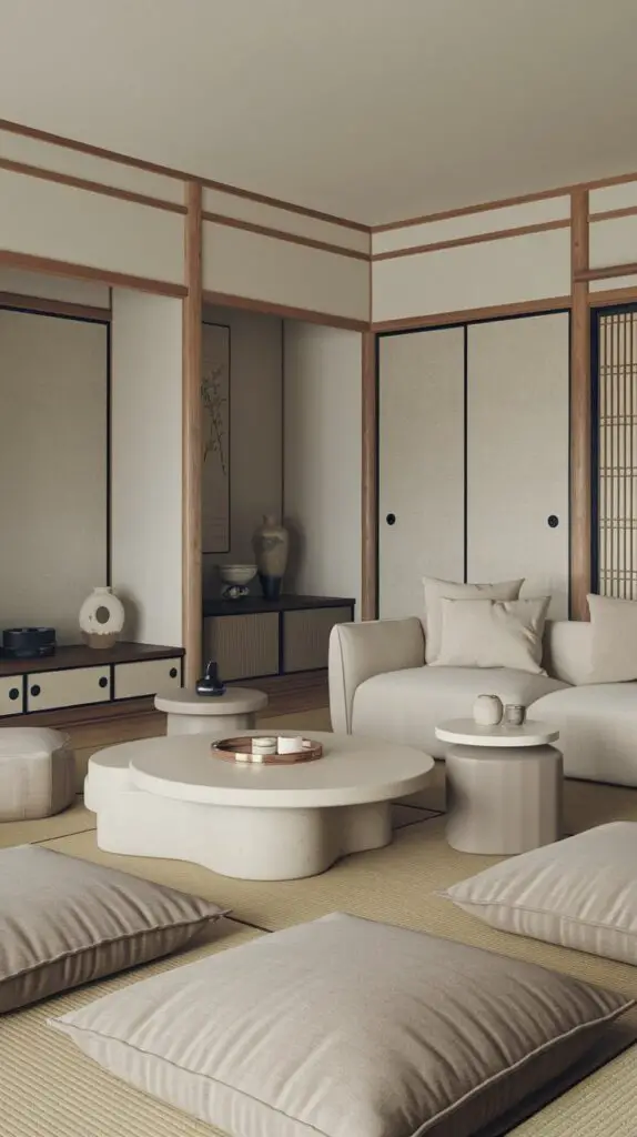 Japanese Style Living Room Ideas featuring a serene neutral color palette in shades of white, beige, and grey. These calming tones create a peaceful and open atmosphere, highlighting natural light and making the space feel bright and spacious. Perfect for a warm, inviting environment, neutral colors serve as a versatile backdrop, allowing easy decor updates with seasonal accessories. The combination of these soft tones in a Japanese-inspired living room offers a simple, yet elegant design for a modern and welcoming home.