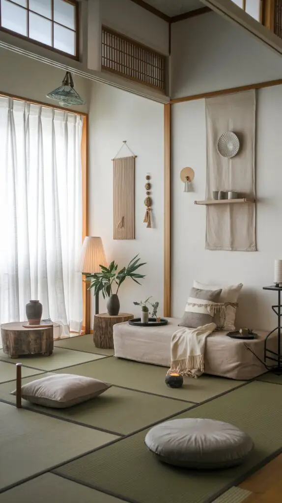 Japanese Style Living Room Ideas with Neutral Textiles - A serene and harmonious living room featuring neutral-colored cushions, rugs, and curtains in shades of beige, gray, and white. These versatile textiles create a peaceful atmosphere, blending seamlessly with the minimalist Japanese design. The neutral tones help to make the space feel more spacious and calm, offering a timeless backdrop that can easily be updated with seasonal accents for a fresh look. Ideal for achieving a balanced and stylish Japanese-inspired living room that remains both tranquil and functional.