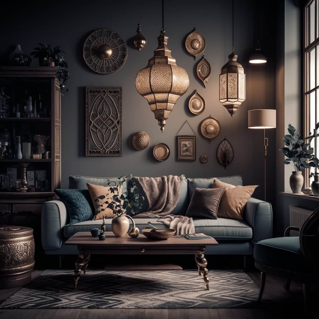 13 Stunning Moroccan Décor Pieces to Elevate Your Living Room 3 Elegant Moroccan living room showcasing ornate lighting fixtures with intricate designs, warm golden hues, and traditional patterns, creating a cozy and exotic ambiance. Perfect for those seeking authentic Moroccan living room ideas with a touch of luxury and cultural charm.