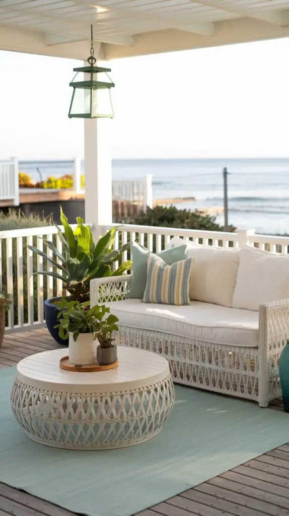 13 Coastal Home Décor Ideas to Make Your Home a Beachfront Paradise 13 Outdoor Coastal Spaces with Light Patio Furniture, Natural Materials, Potted Palms, and Outdoor Lanterns - Coastal Home Décor Ideas for a Relaxing Seaside Retreat. Transform your outdoor area into a beach-inspired haven by incorporating light-colored furniture, tropical plants, and cozy lanterns to create a welcoming ambiance and enjoy the ocean breeze.