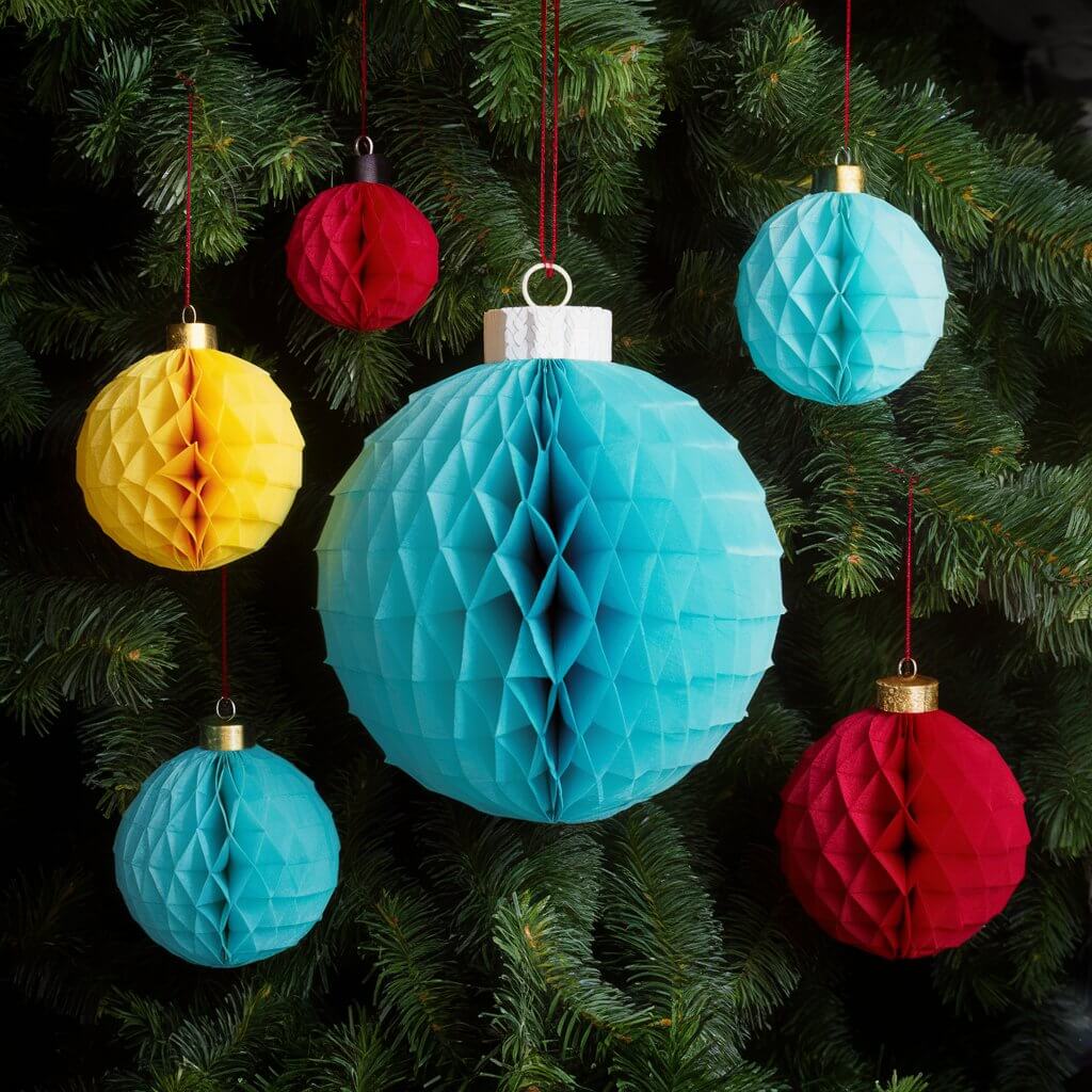 Creative Christmas house ornaments idea featuring elegant paper honeycomb ornaments in vibrant red, green, and white hues. Perfect for festive home décor, these eco-friendly and lightweight decorations add a unique, modern touch to any holiday setting.