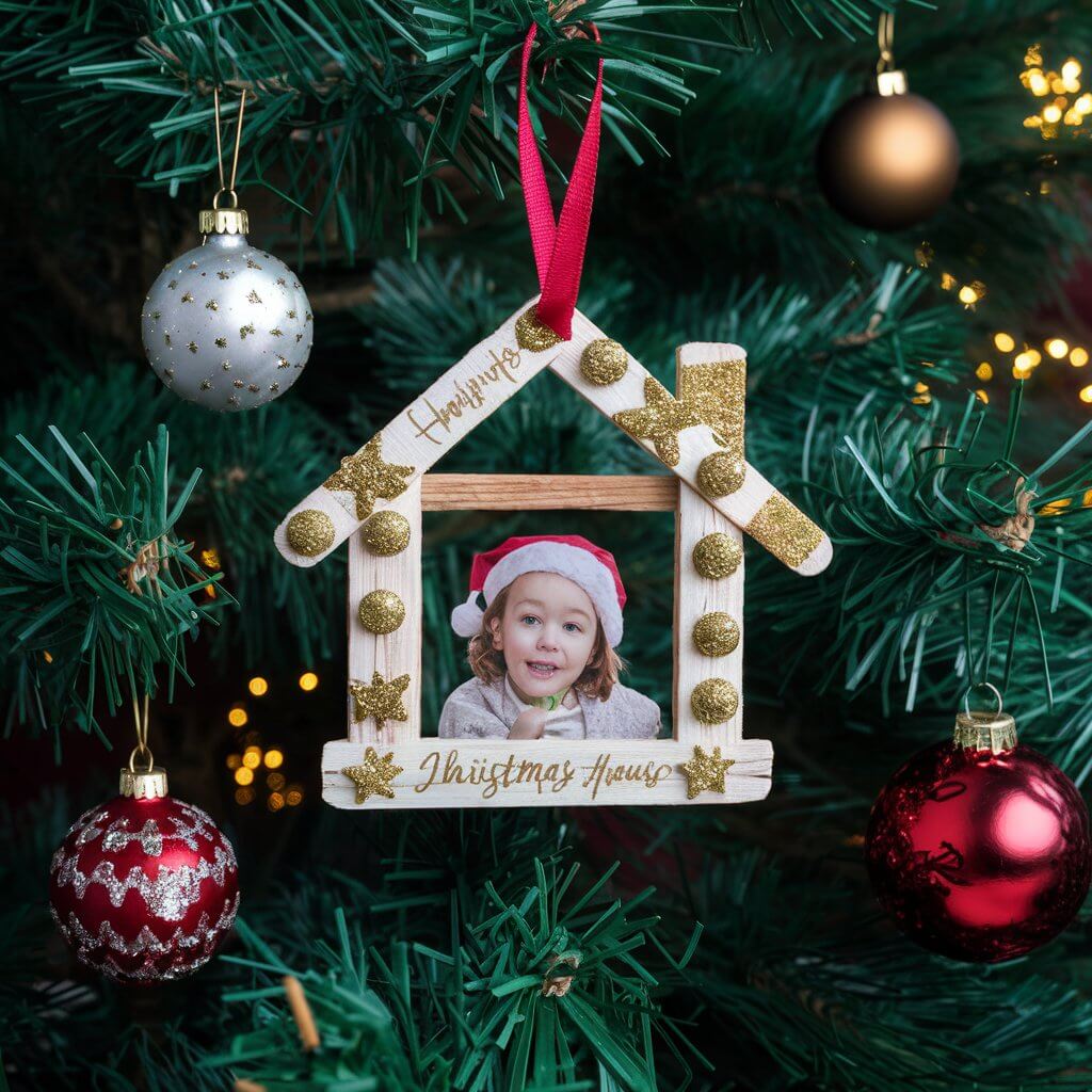 Close-up of beautifully crafted photo frame ornaments hanging on a Christmas tree, featuring personalized family pictures surrounded by festive red, green, and gold designs. These unique Christmas house ornaments make perfect DIY holiday decor and gift ideas, adding a personal and nostalgic touch to your seasonal decorations.