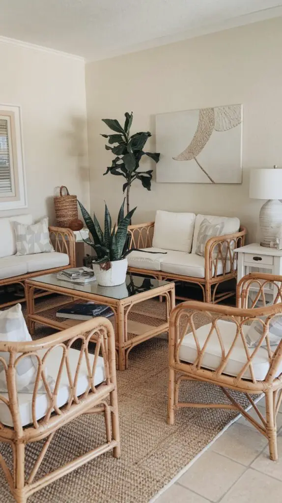 13 Coastal Home Décor Ideas to Make Your Home a Beachfront Paradise 7 Stylish rattan furniture for coastal home décor, featuring lightweight and durable designs perfect for creating an airy, beachy vibe. This natural wicker furniture enhances a relaxed, open atmosphere in any room, from living areas to bedrooms. Ideal for adding a touch of coastal charm, rattan pieces are versatile and available in various styles, including chairs, tables, and accent items, to suit your personal taste.