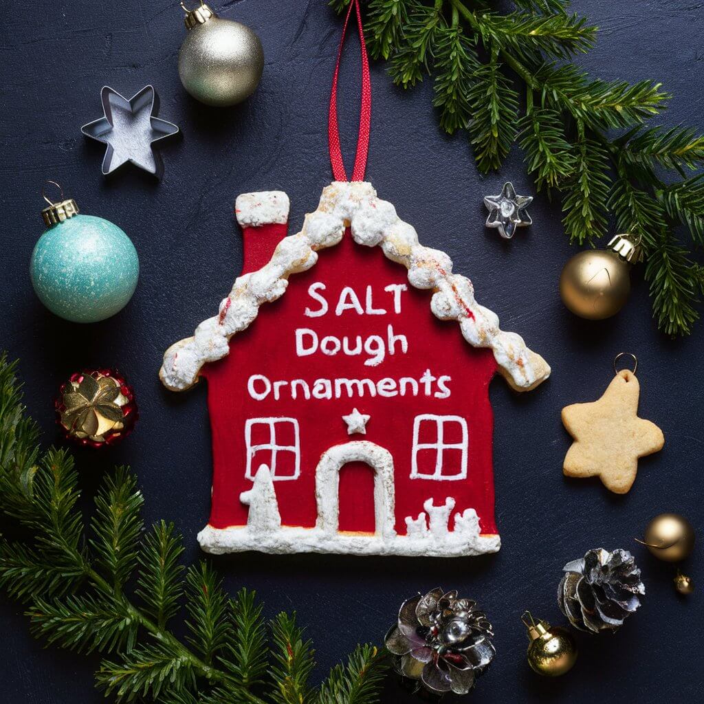 Handmade salt dough ornaments for Christmas house decorations, featuring creative designs like stars, hearts, and Christmas trees, perfect for DIY holiday crafts and personalized festive home decor ideas.