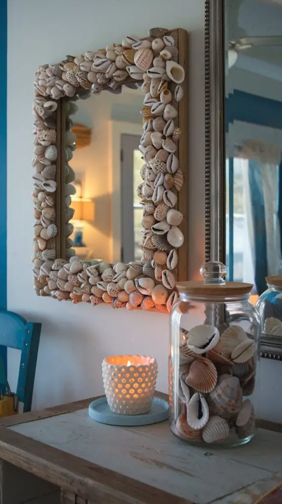 13 Coastal Home Décor Ideas to Make Your Home a Beachfront Paradise 5 Seashell décor displayed in a stylish coastal home setting, featuring seashells in a clear jar and a handcrafted picture frame. The scene evokes a relaxing beachy vibe with natural textures, perfect for enhancing your coastal home décor ideas. Ideal for DIY enthusiasts looking to create unique seashell candle holders, wall art, or wreaths that bring the ocean's essence indoors. Explore creative ways to incorporate seashells into your beach-inspired décor for a serene, nautical touch.