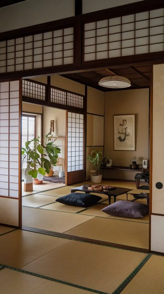 Elegant Shoji screens dividing a Japanese-style living room, showcasing traditional design with translucent paper panels that allow natural light to brighten the space. Perfect for creating an authentic Japanese ambiance, these lightweight and versatile screens complement both modern and traditional décor while offering privacy and flexibility. Ideal for room dividers or window coverings, Shoji screens enhance the airy and serene atmosphere of this thoughtfully designed space.