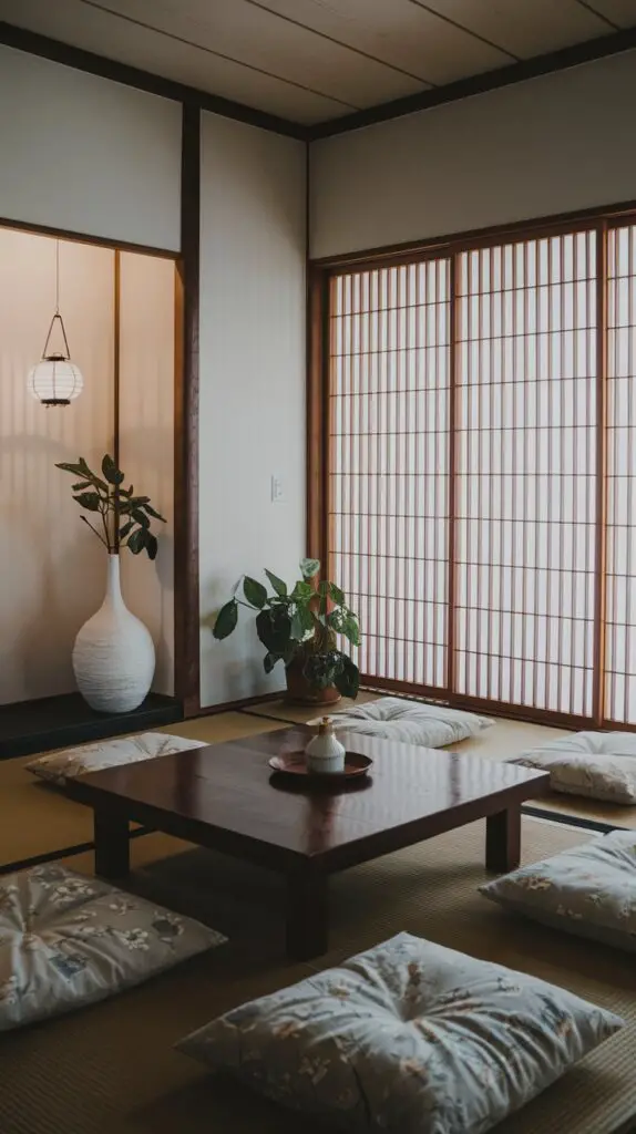 Simple Lighting for Japanese Style Living Room Ideas - minimalist pendant lights, wall sconces, and paper lanterns enhance the serene and open atmosphere with soft, warm lighting. Large windows and sliding doors maximize natural daylight, creating a cozy yet elegant environment. This combination of functional and subtle lighting elements captures the essence of Japanese home decor, promoting a calm and balanced living space with a touch of traditional charm.