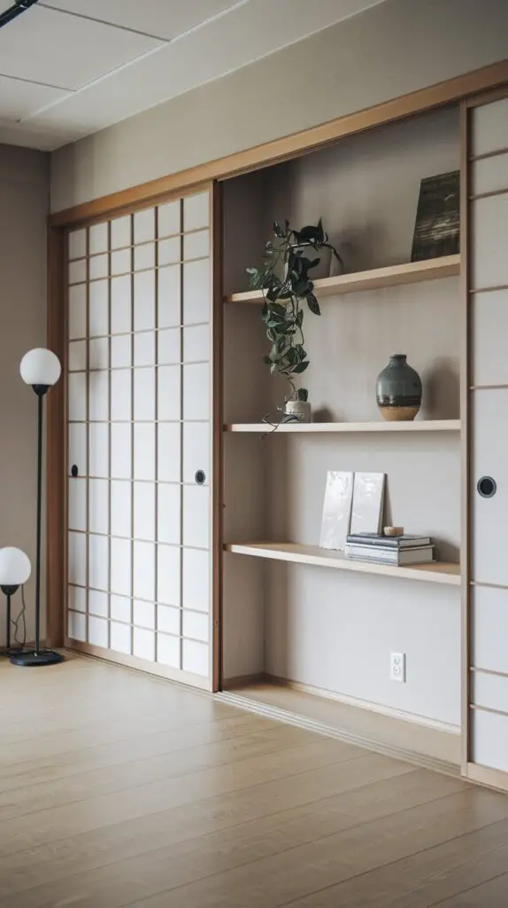 Simple shelving ideas for a Japanese style living room featuring open shelves with neatly arranged plants, books, and ceramics. This minimalist design enhances organization, maximizes space, and creates an airy, tranquil ambiance. Perfect for adding a cultural touch and seasonal flexibility to your home decor.