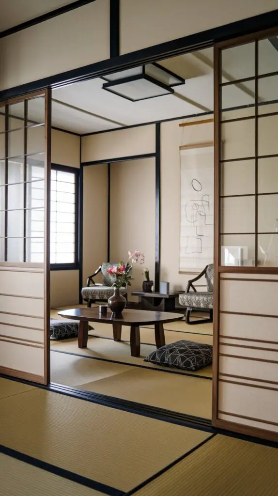 Japanese style living room with elegant sliding doors, featuring minimalist wooden frames and translucent panels, creating a serene and space-saving design. Ideal for small living spaces, these traditional Shoji-inspired doors add a stylish Japanese aesthetic while offering flexible room partitioning and natural light flow. Perfect for achieving a modern yet timeless Japanese-inspired living room decor.