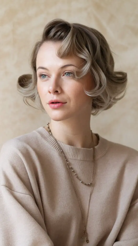 Soft curls on short hair styled for a romantic and feminine look, ideal for date nights. Achieve this effortless charm using a medium-barrel curling iron and light-hold hairspray for bouncy, natural curls that last all evening.