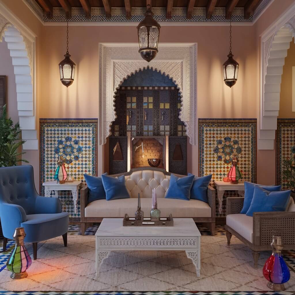 13 Stunning Moroccan Décor Pieces to Elevate Your Living Room 11 Soft lighting accessories in a Moroccan living room, featuring intricate lanterns, warm ambient lighting, and textured decor elements that create a cozy and exotic atmosphere. Perfect inspiration for Moroccan living room ideas, blending traditional designs with modern elegance.