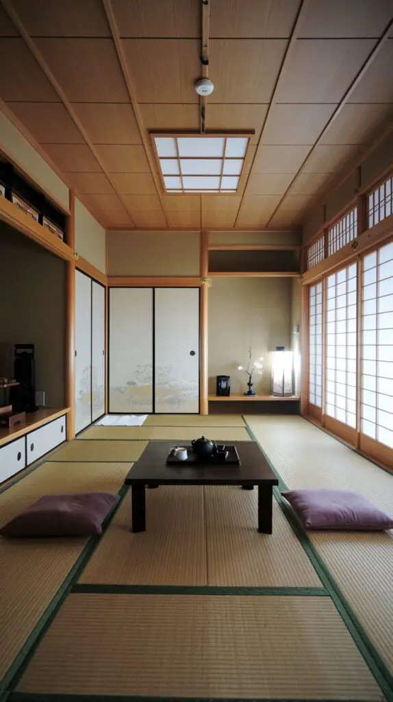 Cozy Japanese-style living room featuring traditional tatami mats made from natural rice straw and rush grass. These durable and versatile mats add authenticity and elegance while offering a soft, comfortable surface for relaxation. Perfect for creating a serene and inviting space, the tatami mats can be arranged in various patterns to suit any room layout, blending seamlessly into modern or traditional decor styles.