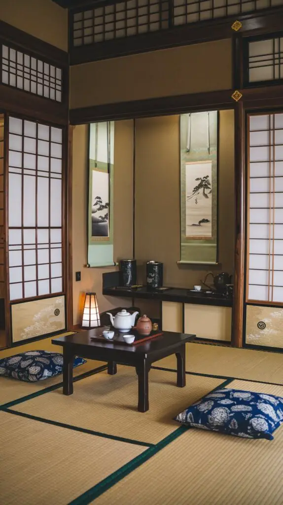 Japanese Style Living Room Ideas: Cozy Tea Corner with Low Table and Cushions. Create a peaceful and relaxing atmosphere with a traditional Japanese tea corner, featuring tatami mats, shoji screens, and a small shelf to organize tea sets. This tranquil setup adds a serene touch to your home, perfect for unwinding with a cup of tea in a Japanese-inspired living room.