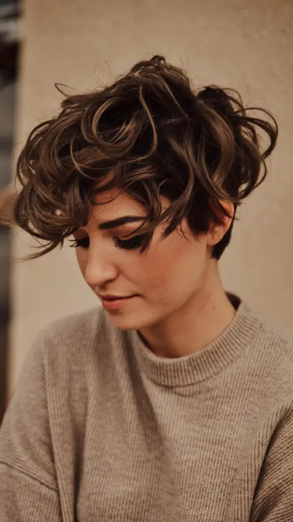 Textured curls for short hair showcasing a chic and voluminous look. This hairstyle adds movement and dimension, achieved using a curling iron or hair rollers. Perfect for a modern and stylish vibe, textured curls are enhanced with a heat protectant and light hairspray for long-lasting hold. Ideal for anyone seeking a fresh take on short hair styling.