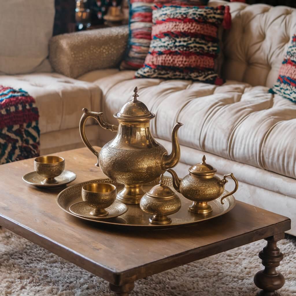 13 Stunning Moroccan Décor Pieces to Elevate Your Living Room 8 Elegant Moroccan living room featuring a traditional tea set on a hand-carved wooden coffee table, surrounded by vibrant patterned cushions and intricate Berber rugs. This decor showcases authentic Moroccan living room ideas with a focus on cultural heritage and hospitality.