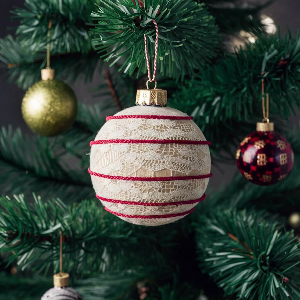 Festive upcycled ornament balls crafted from recycled materials, showcasing eco-friendly Christmas house ornament ideas. These unique, colorful decorations add sustainable charm to your holiday décor, blending creativity and environmental consciousness. Perfect for enhancing your home's festive ambiance while celebrating a green Christmas.