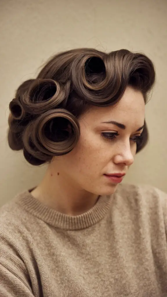 Short hair styled with vintage curls, featuring tight, well-defined curls brushed out for a soft, glamorous old Hollywood look. Perfect for adding timeless elegance to any occasion, this hairstyle highlights the beauty of short hair with a touch of vintage charm. Achieve this style using a small-barrel curling iron, setting spray, and pin curls for extra volume and long-lasting hold.