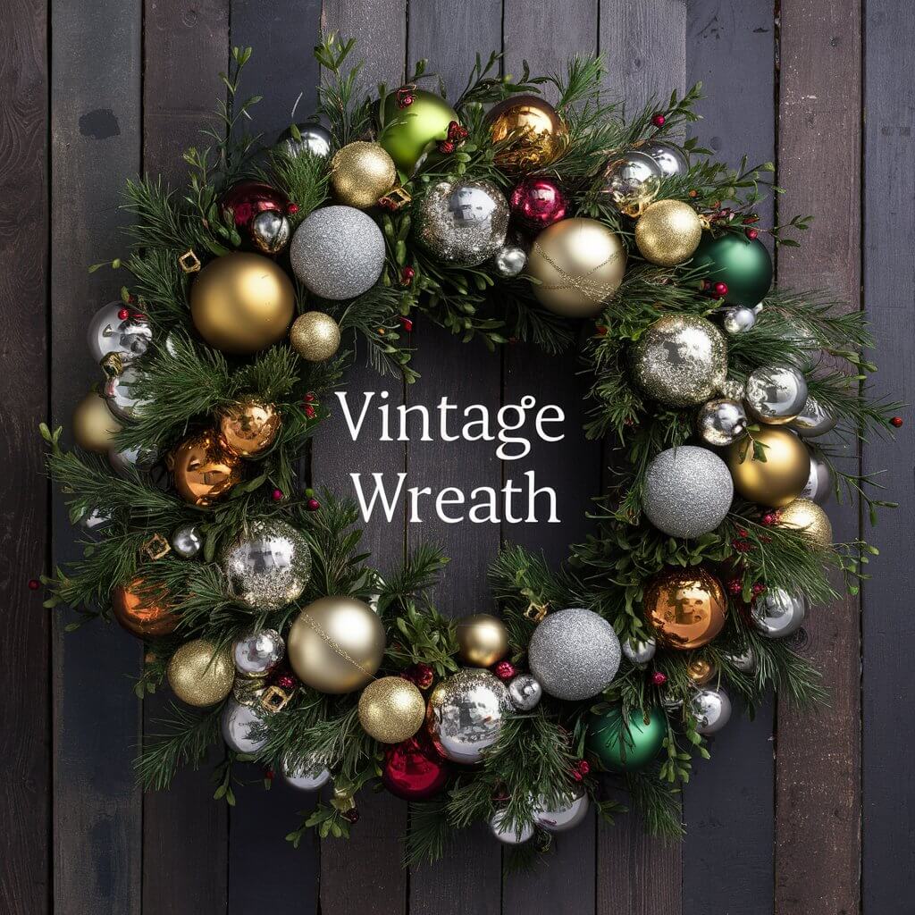 Close-up of a beautifully crafted vintage ornament wreath featuring an assortment of retro Christmas baubles in vibrant red, gold, and green hues, adorned with glittering accents and holiday lights; perfect for nostalgic Christmas house ornament ideas to elevate festive home décor with timeless charm.