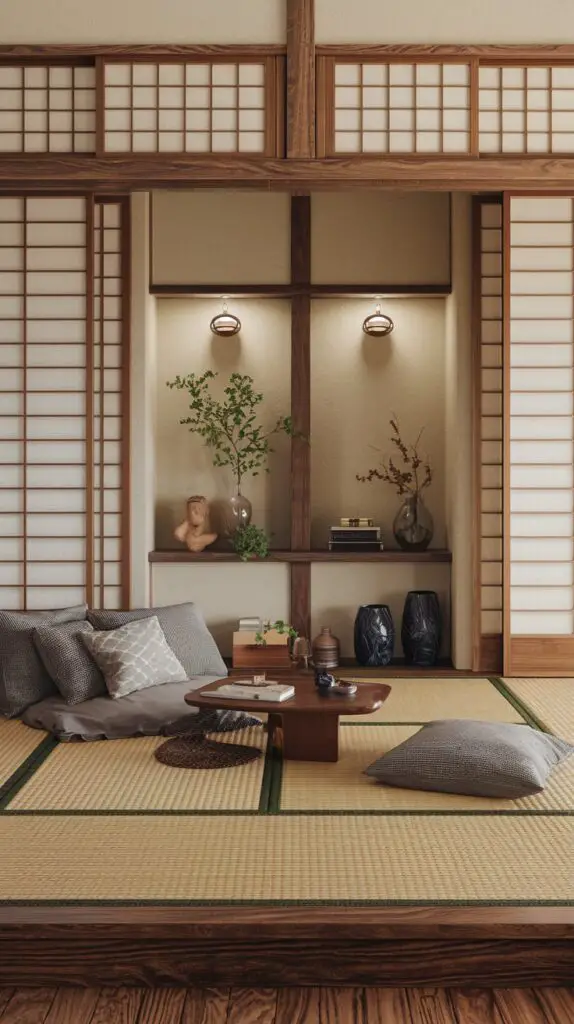 Japanese style living room ideas featuring wall niches for a minimalist, organized space. Wall niches add visual interest by displaying carefully selected art, plants, and decor, aligning with the serene and balanced aesthetic of a Japanese-inspired interior. These functional design elements maintain a clutter-free atmosphere while offering practical storage solutions for everyday items, enhancing both style and utility in your living room.