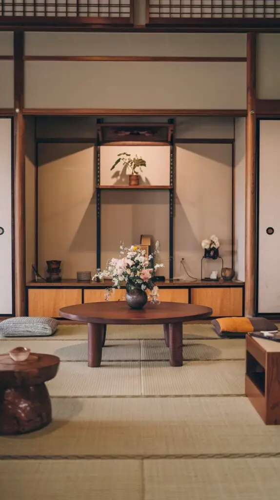 Japanese style living room with elegant wooden accents, featuring natural wood photo frames, rustic wooden shelves displaying decorative items, and minimalist wooden side tables. The warm wooden tones create a cozy and inviting atmosphere, perfectly complementing the serene and harmonious Japanese decor theme. Ideal for those seeking living room ideas that embrace nature-inspired elements and traditional Japanese aesthetics.
