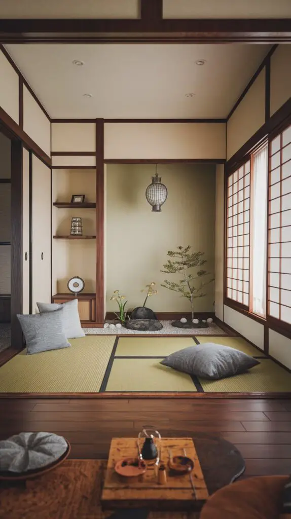 Japanese style living room featuring a serene indoor Zen garden with neatly raked sand, smooth rocks, and lush green plants. The Zen garden is placed as a calming focal point, enhancing the minimalist and tranquil ambiance of the space. Perfect for adding a touch of traditional Japanese design, this DIY decor idea blends natural elements with thoughtful simplicity to create a harmonious living environment.