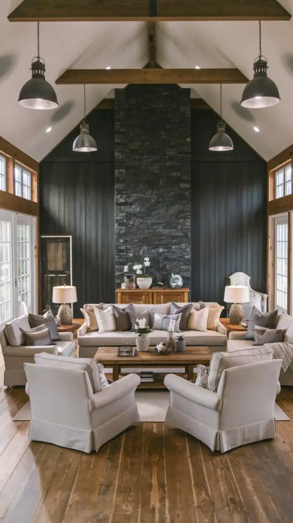 17 Elegant Barndominium Living Room Ideas for a Luxurious Feel 17 Barndominium living room with a stylish accent wall featuring reclaimed wood, creating a bold focal point. The accent wall, painted in a contrasting color, adds depth and visual interest, making the space feel dynamic and inviting. Unique wallpaper with a textured pattern further enhances the space's aesthetic, offering a modern, rustic charm. This barndominium living room showcases the perfect blend of rustic and contemporary design, with accent walls as a standout feature for creating a cozy and visually appealing atmosphere.